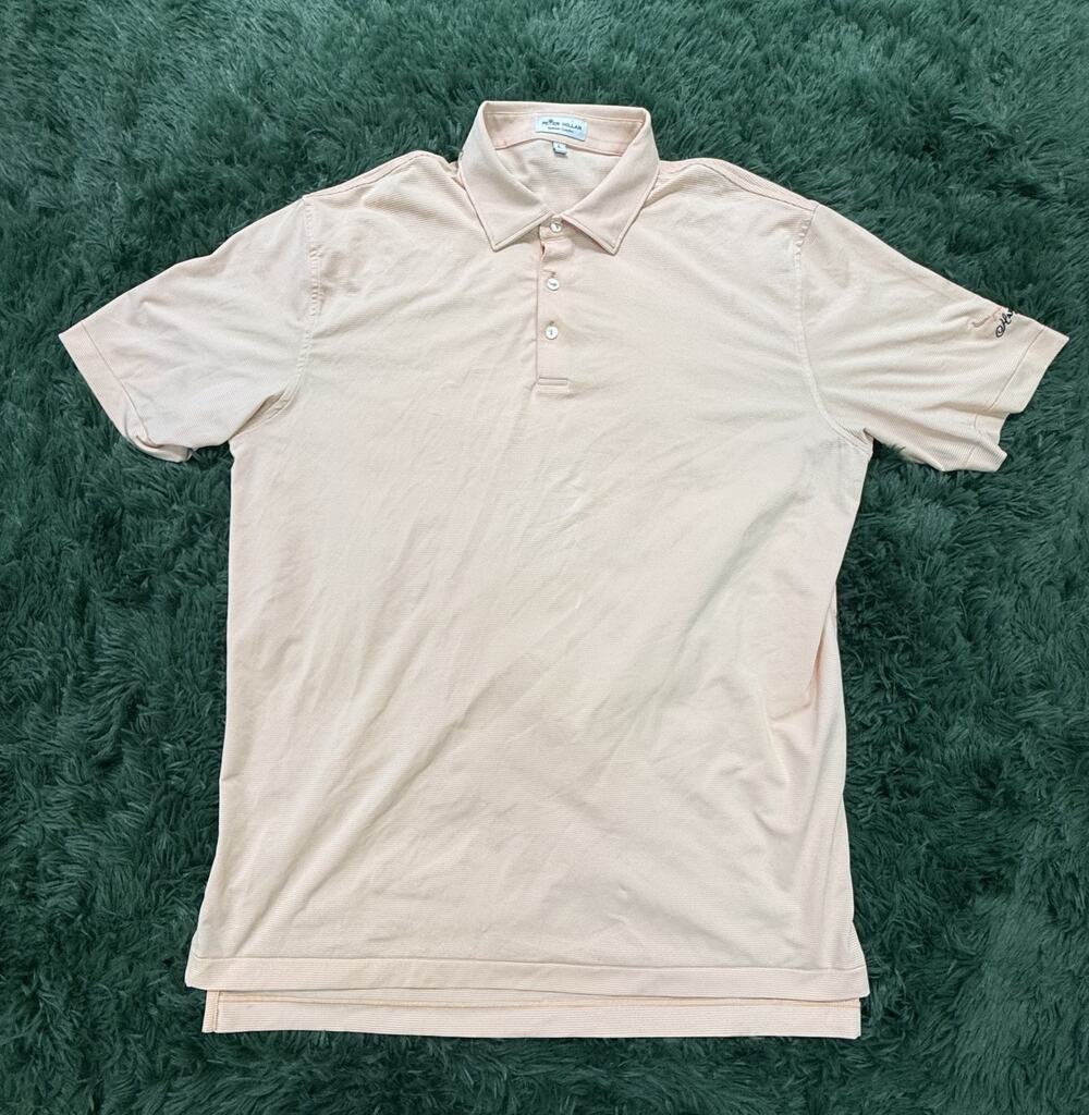 Peter Millar Men's L Peach White Stripe Summer Comfort Hartefeld Polo Shirt Golf